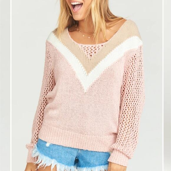 Show Me Your Mumu Daveny Pink Chevron Knit Sweater Sheer Sleeves XL - Picture 1 of 13